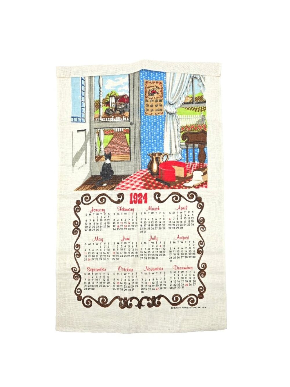 Vintage 1979 Hickory Farms Linen 1924 Calendar Towel Farmhouse Cat Cottage